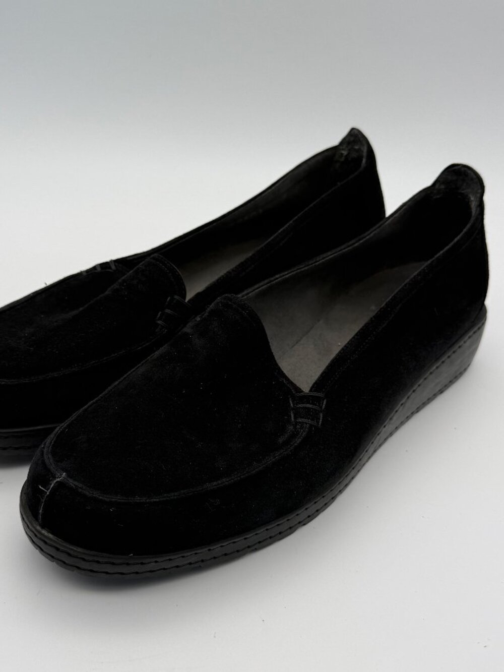 Stuart Weitzman Black Leather Suede Wedge Loafers Latex Sole 7.5W